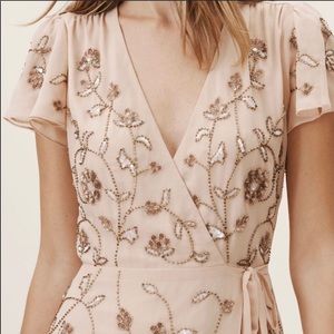 BHLDN Plymouth flower beaded flutter sleeve wrap dress in blush.